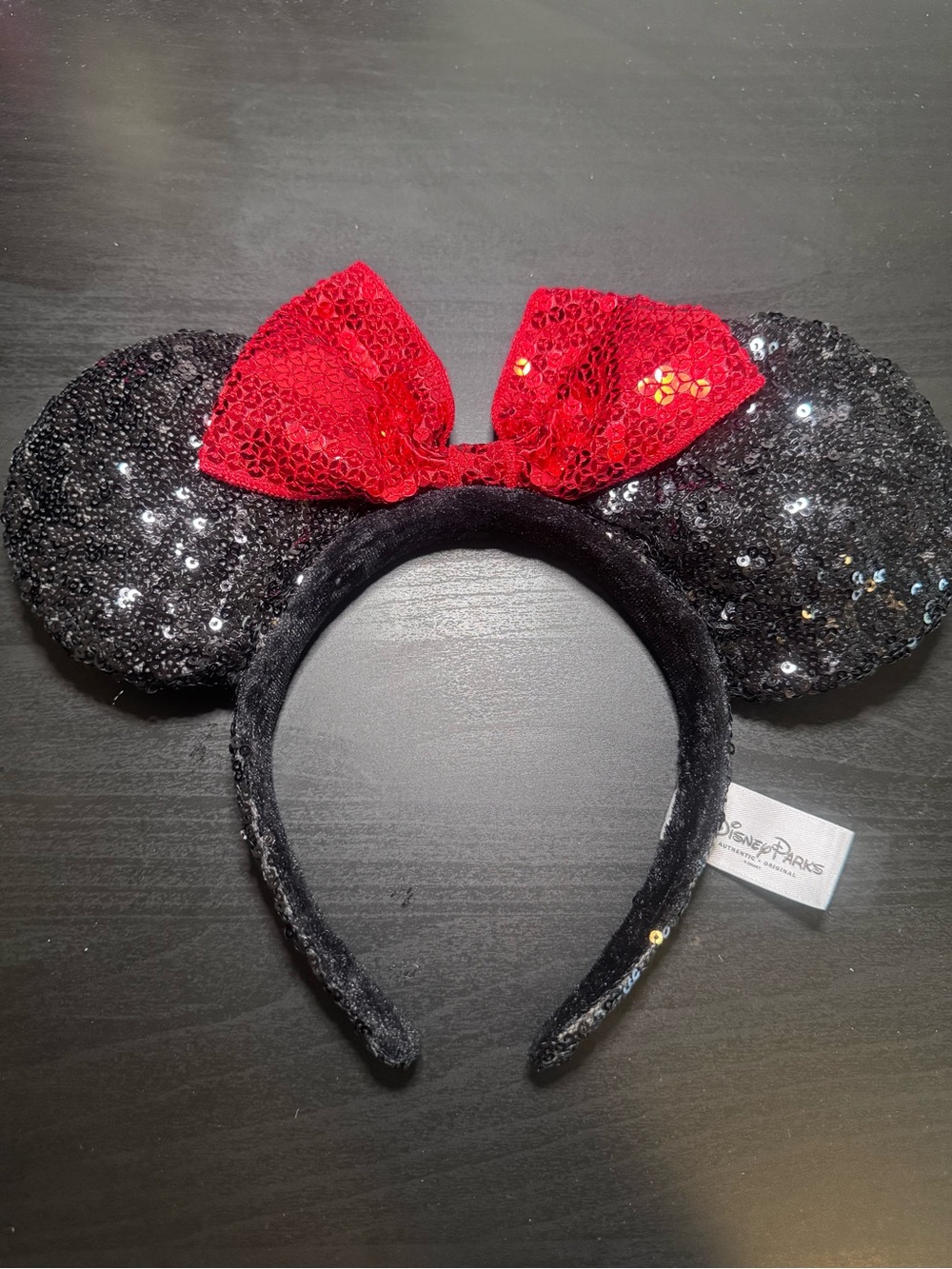 Disney Black Sequin Minnie Ears Headband with Red Bow